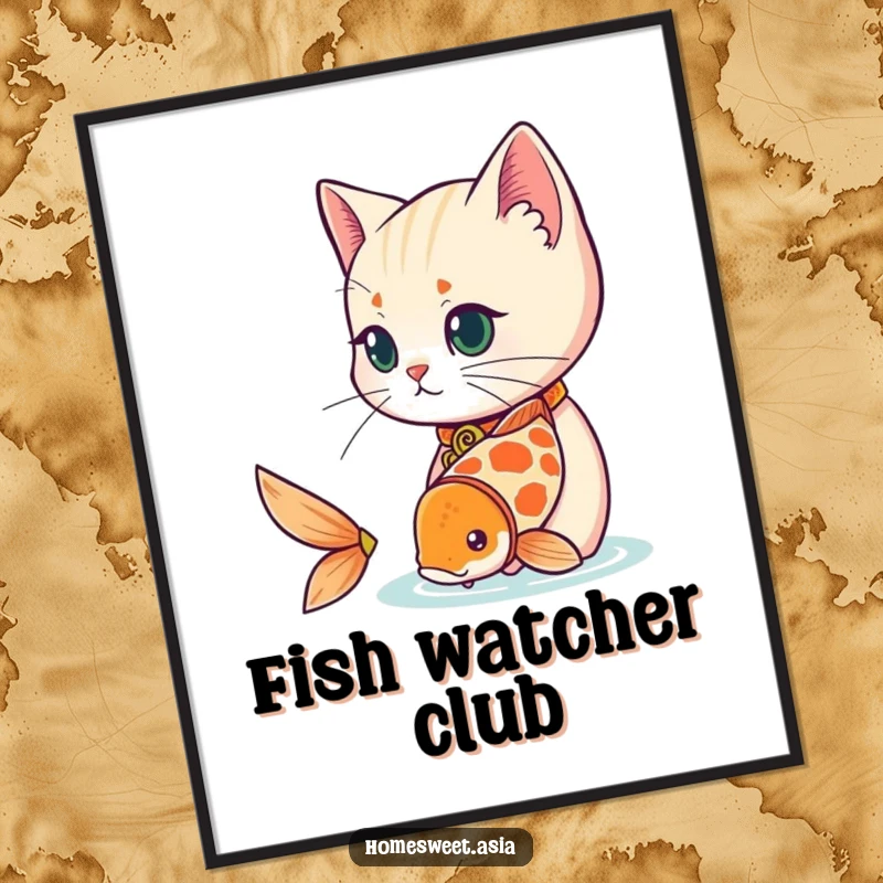 Funny cat wearing a decorative collar, observing a playful koi fish, digital art, printable wall art, serene, funny gift.