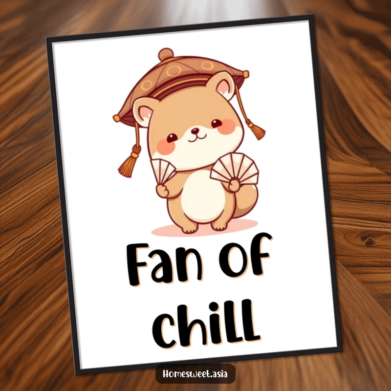 Funny digital art print of a cute animal character in a traditional Asian hat, gracefully waving a fan, offering instant whimsical decor for any space.