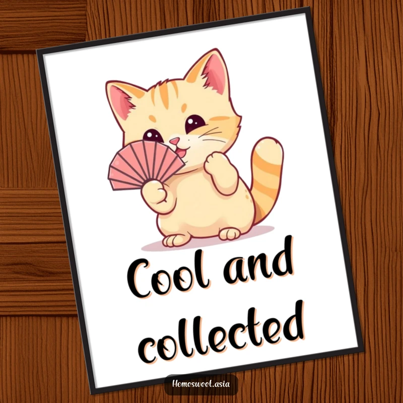 Funny cat wearing a tiny fan, playfully waving it with its paw, digital art, printable wall art, cool, funny gift.