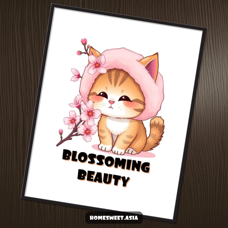 Funny digital art print of a cat in a soft fur hat, curiously sniffing a beautiful cherry blossom.