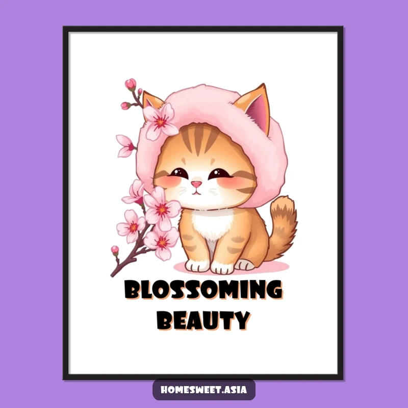 Funny Cat Fur Hat Digital Art - Blossom Sniffing Printable Wall Decor Gift