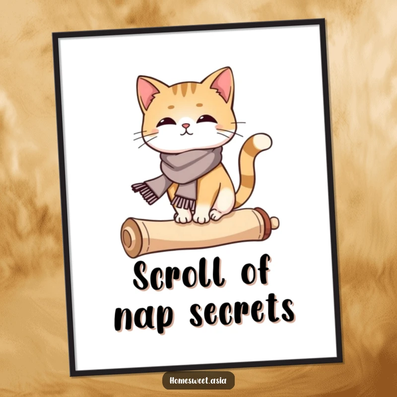 Funny cat wearing a silk scarf, balancing on a curled scroll, digital art, printable wall art, elegant, funny gift.