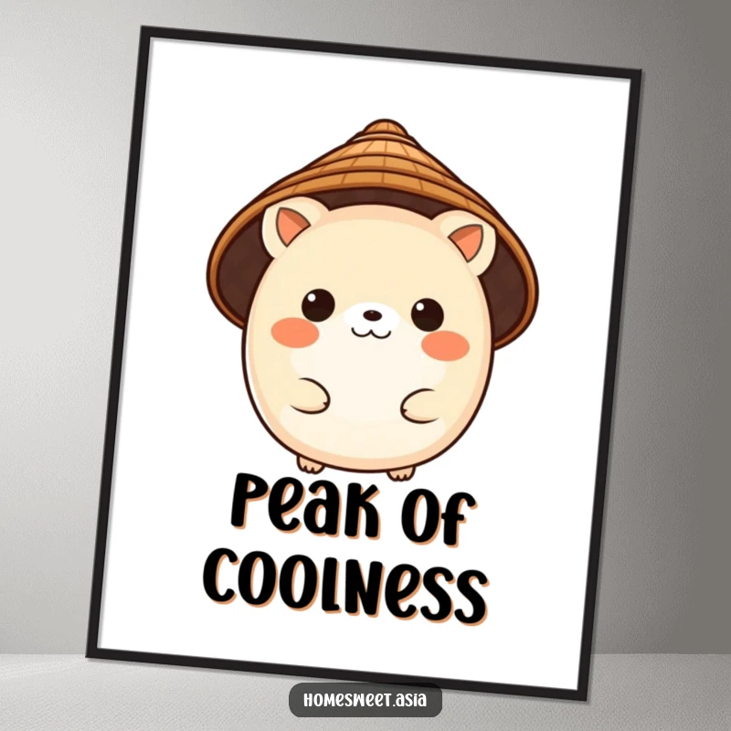 Funny digital art print of a charming, round animal character wearing a traditional conical hat, radiating cultural warmth and humor.