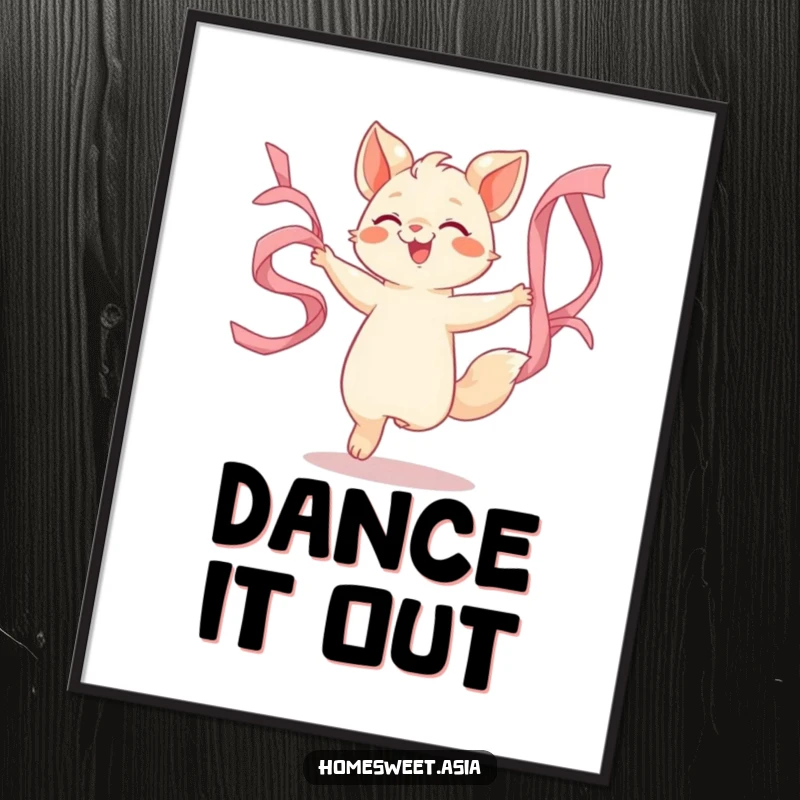 Funny digital art print of an animal character joyfully dancing with flowing silk ribbons, perfect for adding instant artistic humor to decor.