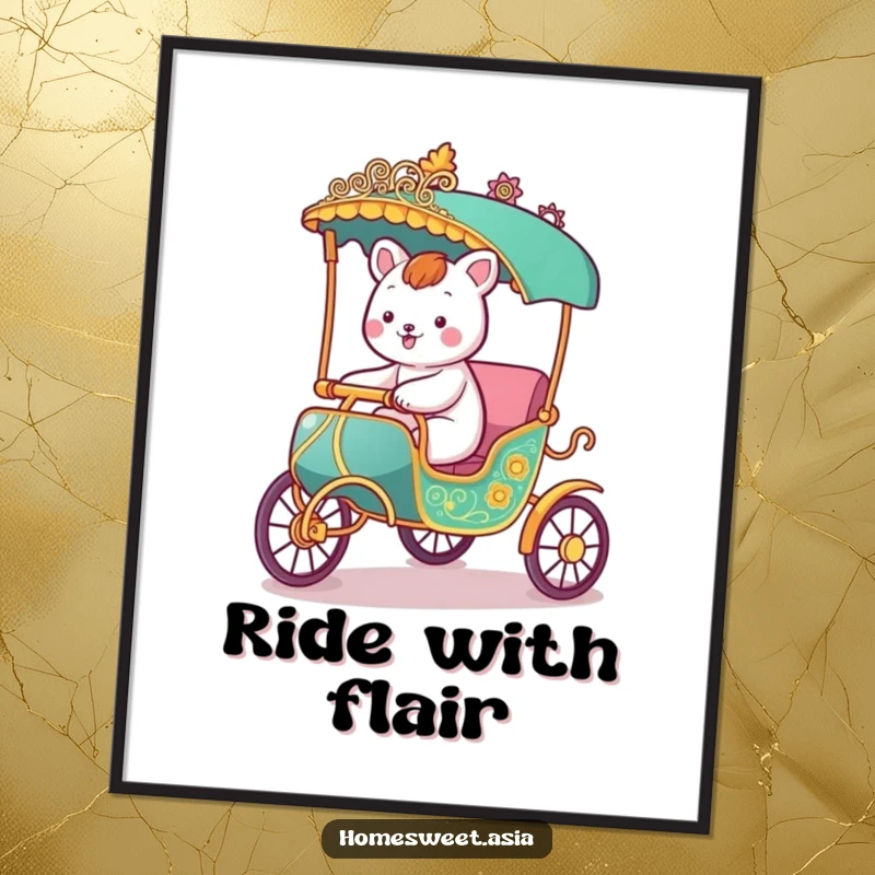 Funny digital art print of a happy animal character joyfully riding in a stylized rickshaw, perfect for adding instant adventurous humor to decor.