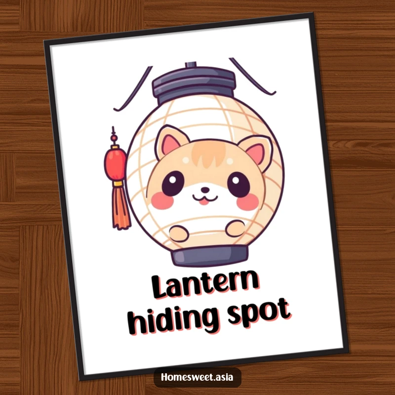 Funny round animal character curiously peeking from behind a decorative paper lantern, presented as a high-resolution digital art print. Charming and humorous.