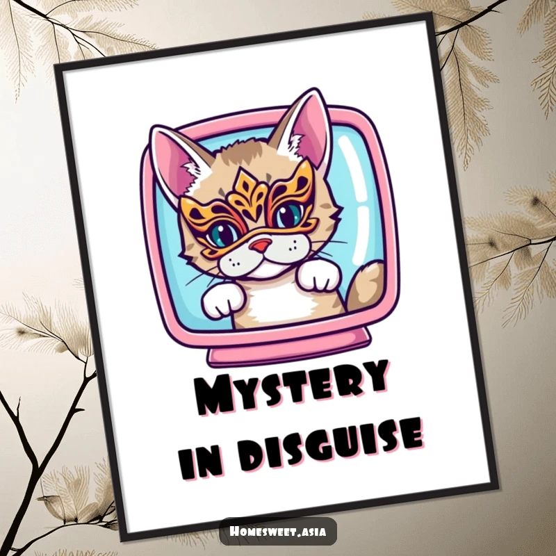 Funny cat wearing an ornate mask, peeking from behind a vibrant screen, digital art, printable wall art, intriguing, funny gift.