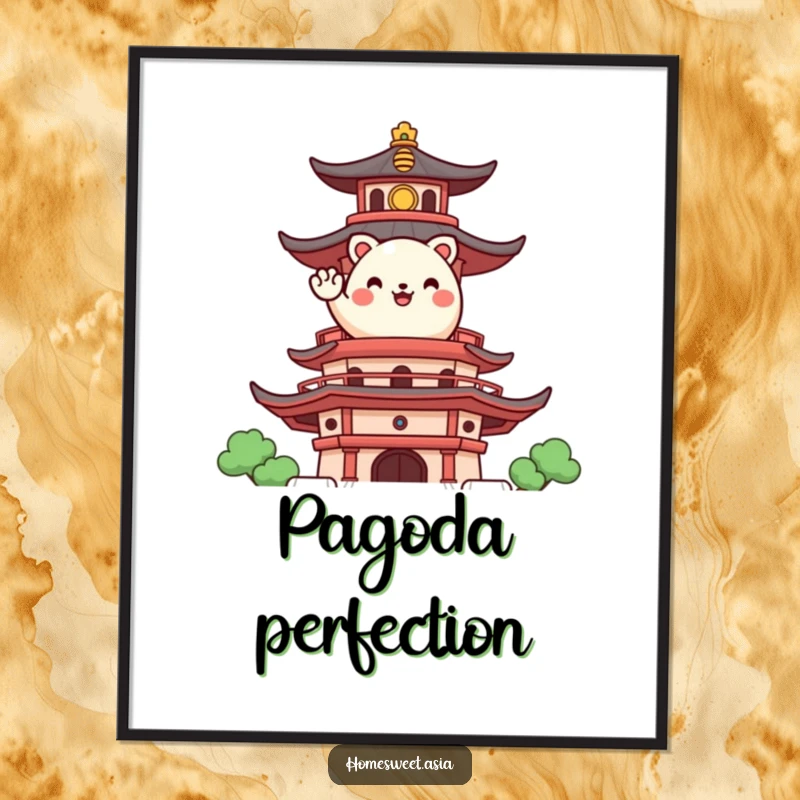 Funny digital art print of a happy, round animal character waving from a stylized pagoda, radiating cultural warmth and joy.