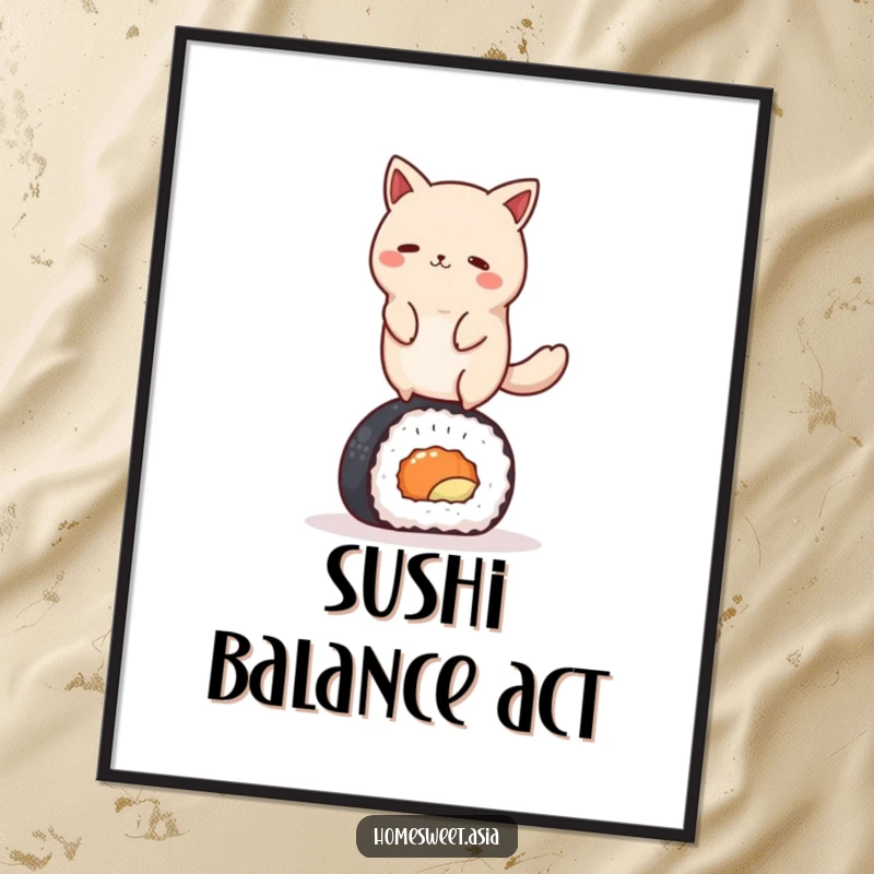 Funny round animal character gracefully balancing on a sushi roll, presented as a high-resolution digital art print. Whimsical and food-themed.