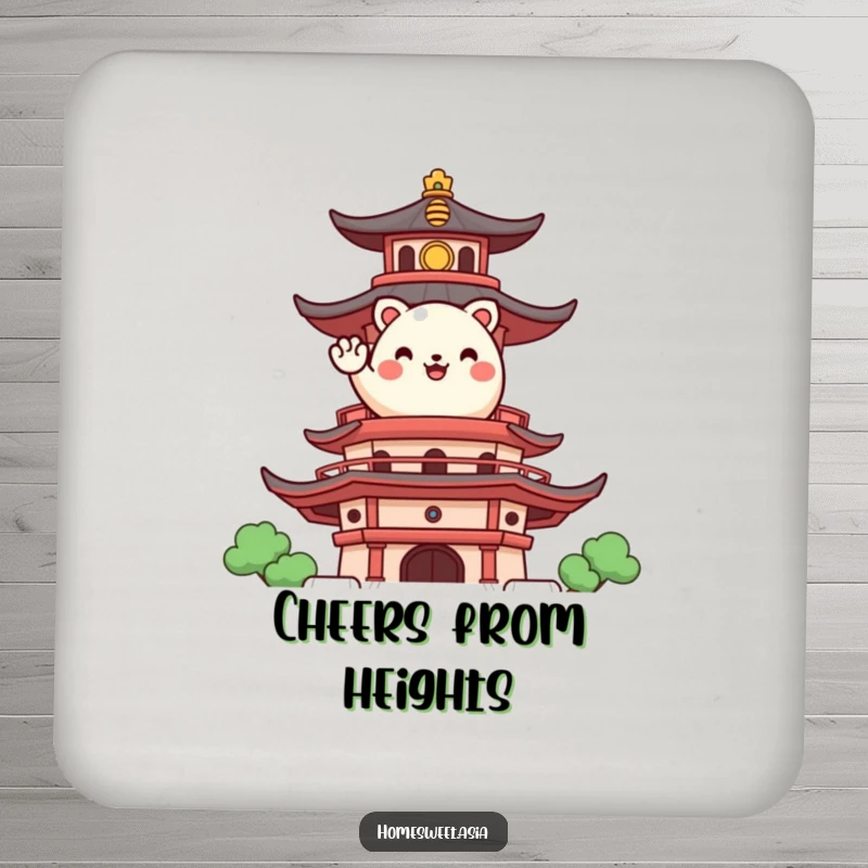Funny coaster featuring a happy, round animal character waving from a stylized pagoda, adding cultural flair to drinks.