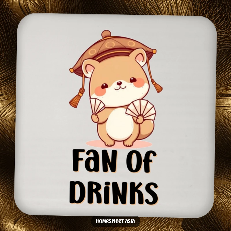 Funny coaster featuring a cute animal illustration in a traditional Asian hat, waving a fan, adding a humorous and decorative element to tables.