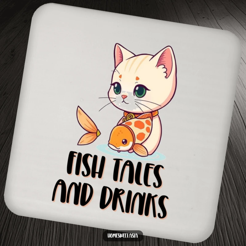 Funny cat wearing a decorative collar, observing a playful koi fish, absorbent coasters, home decor, elegant, funny gift.