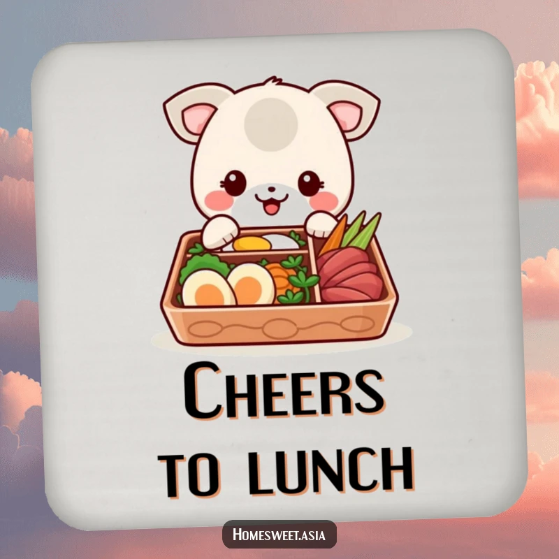 Funny coaster featuring a happy animal character ready to eat from a bento box, adding a humorous and food-themed touch to tables.