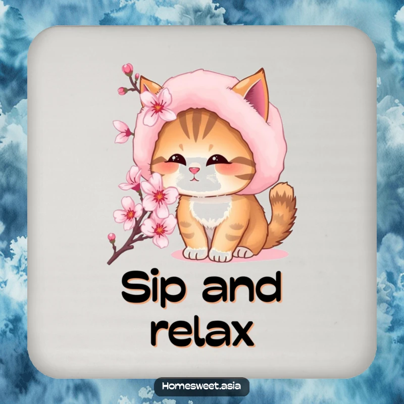 Funny drink coaster with a cat wearing a fur hat, peering at a cherry blossom, protecting your furniture.