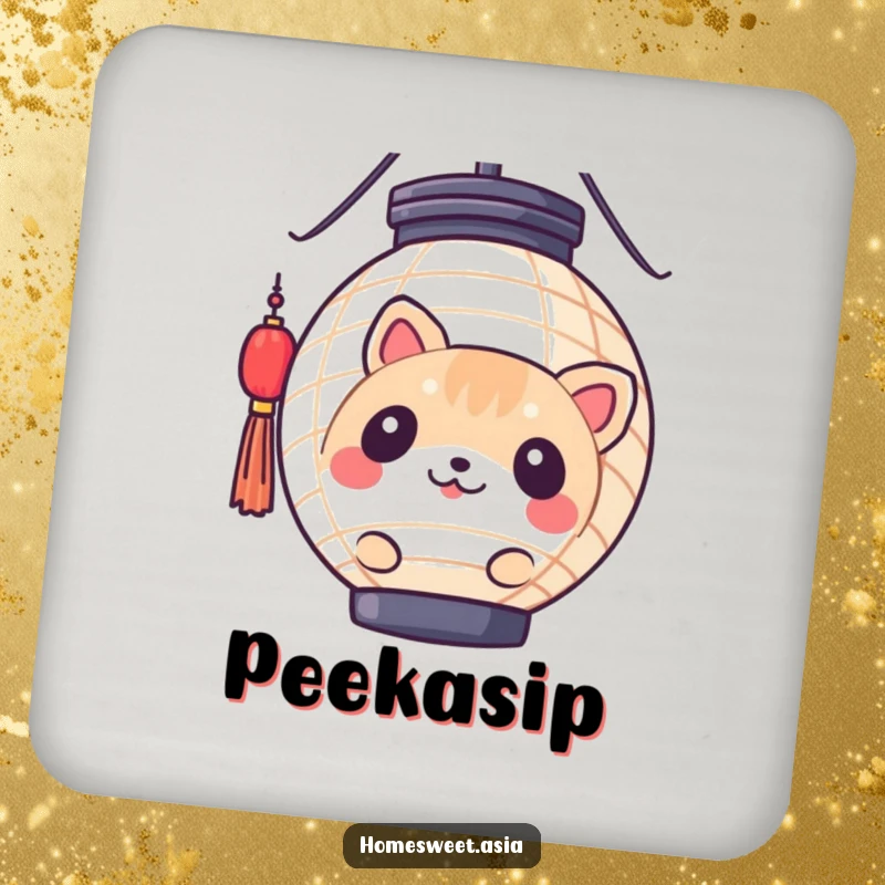 Funny round animal character peeking from behind a paper lantern, on a protective drink coaster. Adds humor to any table setting.