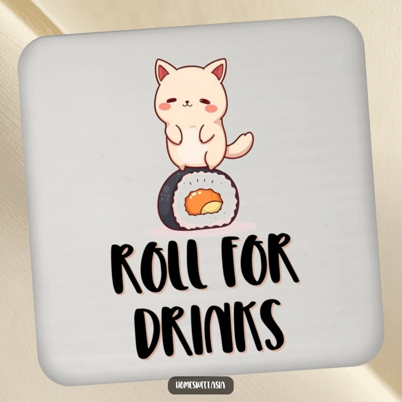 Funny round animal character gracefully balancing on a sushi roll, on a protective drink coaster. Adds humor and style to any surface.