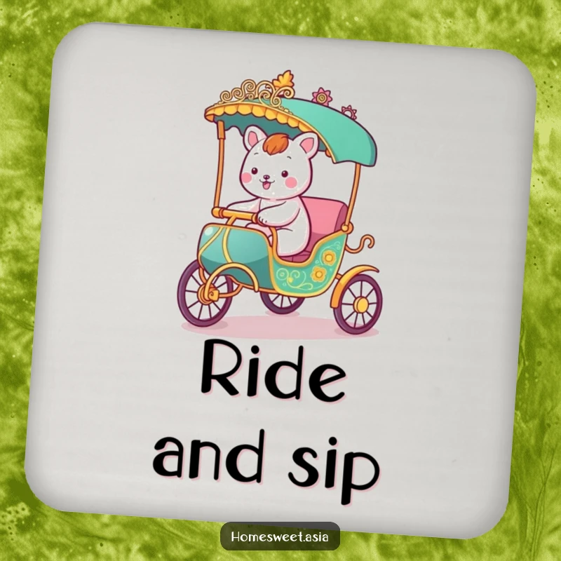 Funny coaster featuring a happy animal character riding in a stylized rickshaw, adding a humorous and travel-themed touch to tables.