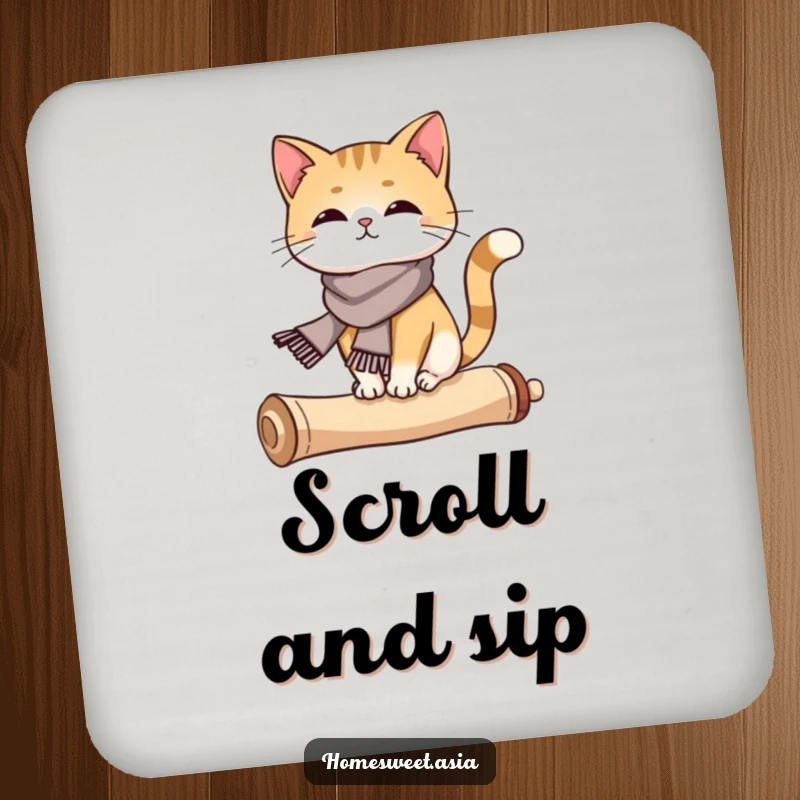 Funny cat wearing a silk scarf, balancing on a curled scroll, absorbent coasters, home decor, artistic, funny gift.