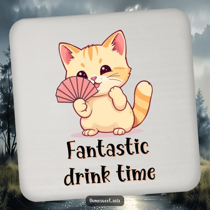 Funny cat wearing a tiny fan, playfully waving it with its paw, absorbent coasters, home decor, playful, funny gift.