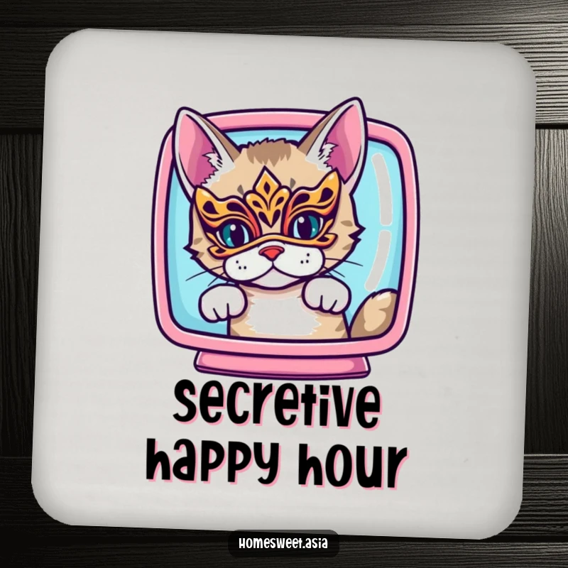 Funny cat wearing an ornate mask, peeking from behind a vibrant screen, absorbent coasters, home decor, funny gift.