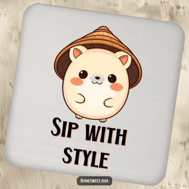 Funny coaster featuring a charming, round animal character wearing a traditional conical hat, adding cultural flair to drinks.