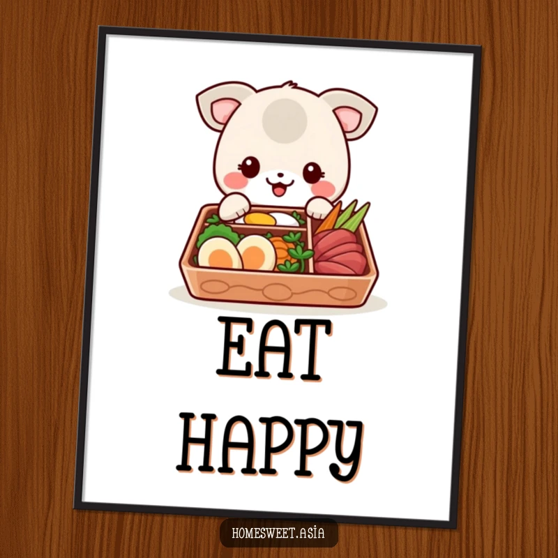 Funny poster art of a cheerful animal character poised to eat from a meticulously prepared bento box, celebrating the joy of food.