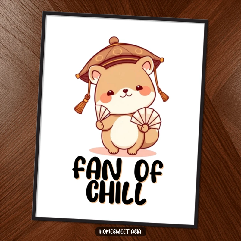Funny poster art of a cute animal character wearing a traditional Asian hat and gracefully waving a fan, adding whimsical charm to any room.