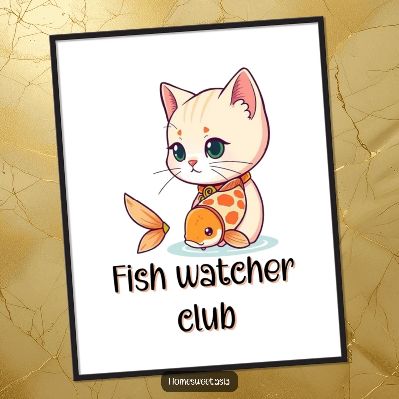 Funny cat wearing a decorative collar, observing a playful koi fish, wall art, serene, elegant, perfect funny gift.