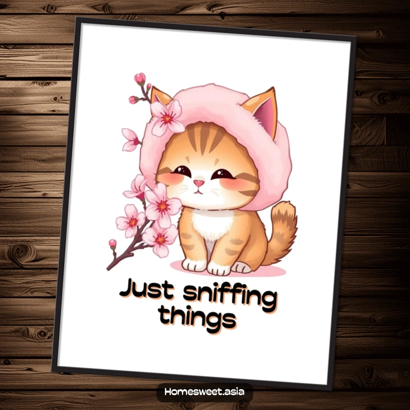 Funny poster print of a fluffy cat in a soft fur hat, intently sniffing a cluster of pink cherry blossoms.