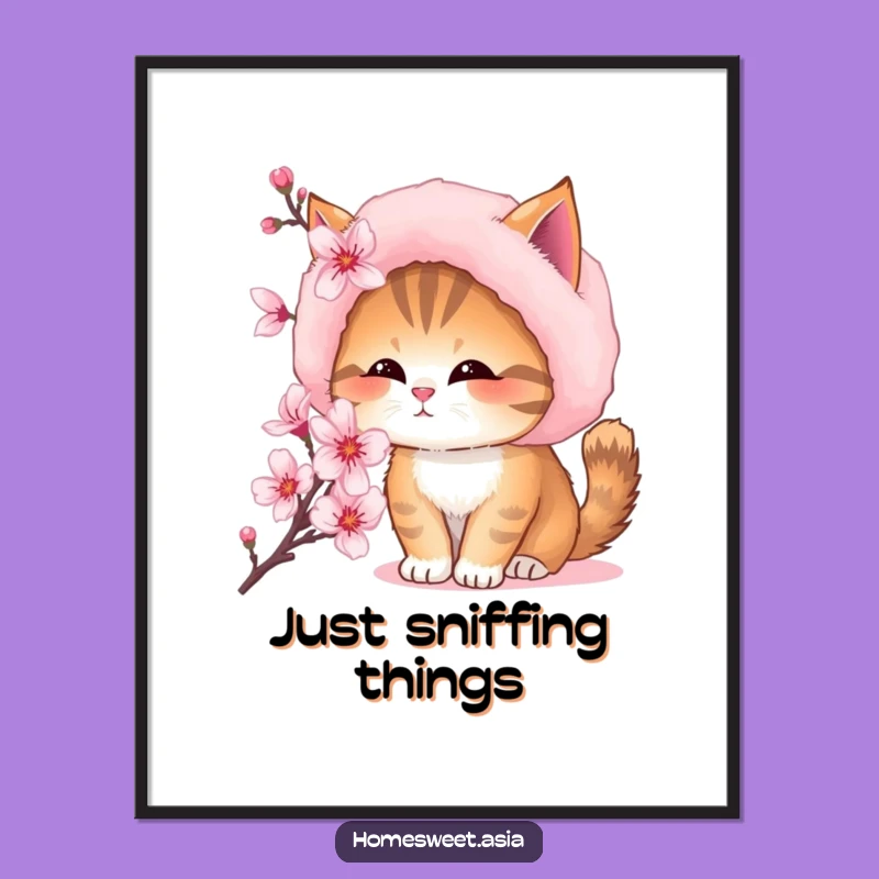Funny Cat Fur Hat Poster - Adorable Blossom Sniffing Wall Art Gift