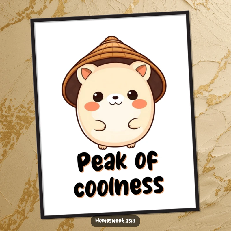 Funny poster print of a charming, round animal character wearing a traditional conical hat, adding cultural elegance and humor.