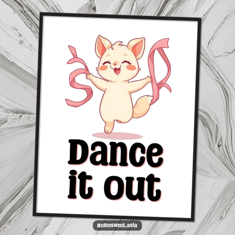 Funny poster art depicting an animal character joyfully dancing with flowing silk ribbons, capturing a dynamic and elegant artistic scene.