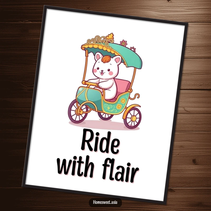 Funny poster art depicting a happy animal character joyfully riding in a stylized, ornate rickshaw, celebrating the spirit of adventure.