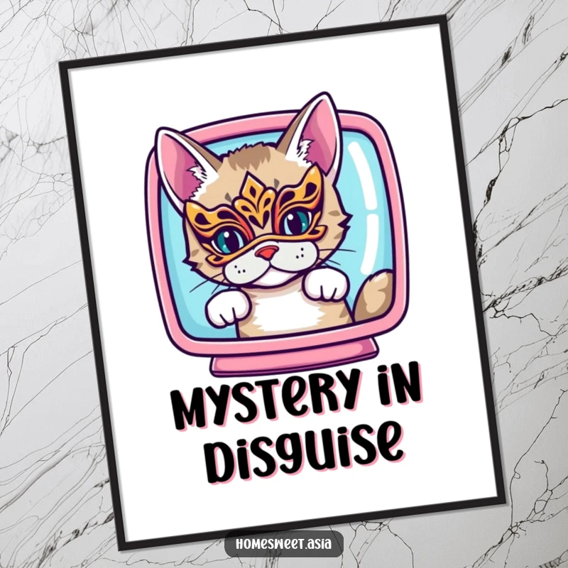 Funny cat wearing an ornate mask, peeking from behind a vibrant screen, wall art, intriguing, colorful, perfect funny gift.