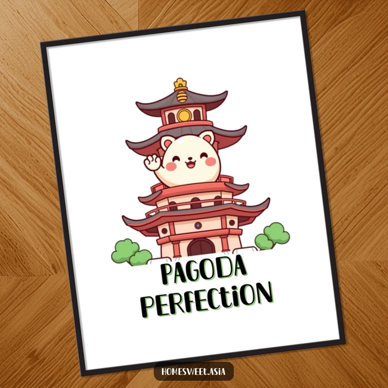Funny poster print of a happy, round animal character waving from a stylized pagoda, adding cultural cheer and artistic appeal.
