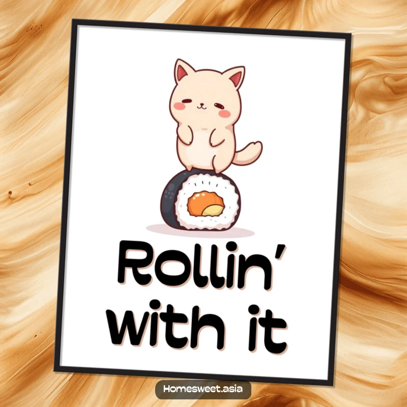 Funny round animal character gracefully balancing on a sushi roll, presented as vibrant wall art. Humorous and artistic food-themed poster.