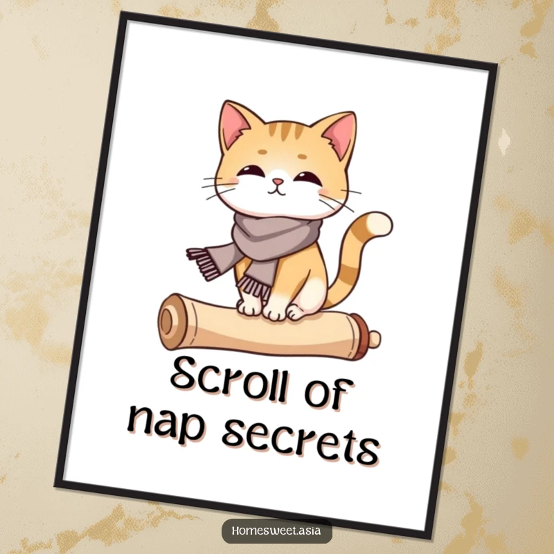 Funny cat wearing a silk scarf, balancing on a curled scroll, wall art, elegant, sophisticated, perfect funny gift.