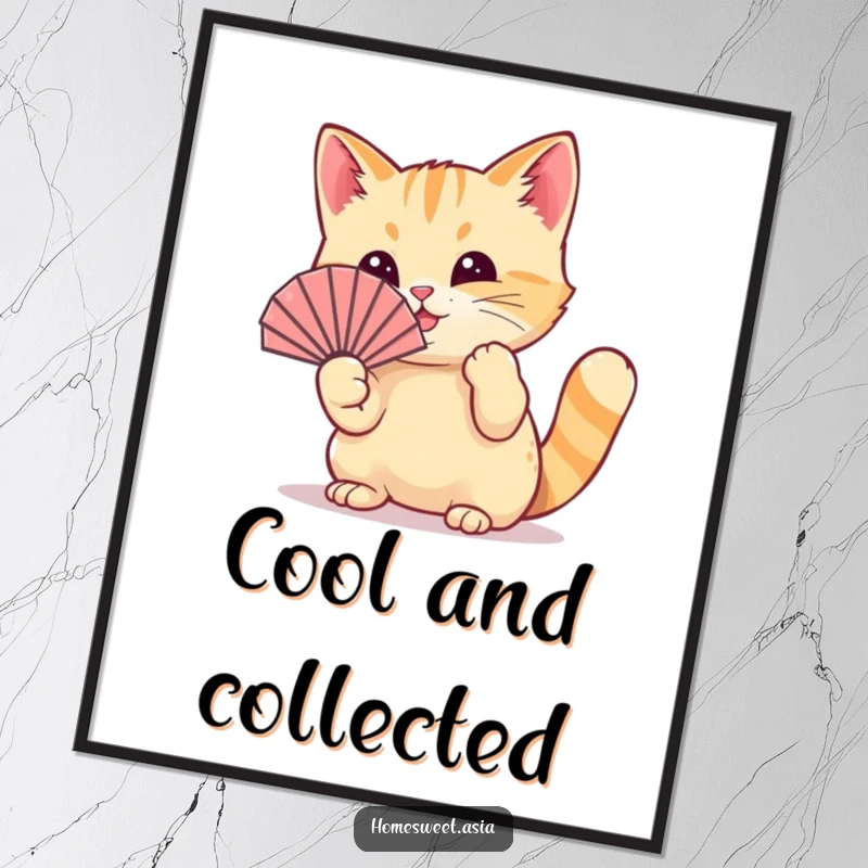 Funny cat wearing a tiny fan, playfully waving it with its paw, wall art, cool, playful, perfect funny gift.