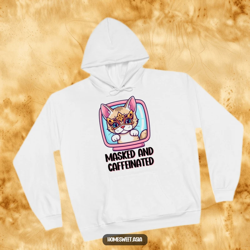 Funny cat wearing an ornate mask, peeking from behind a vibrant screen, warm hoodie, cozy, mystery design, funny gift.