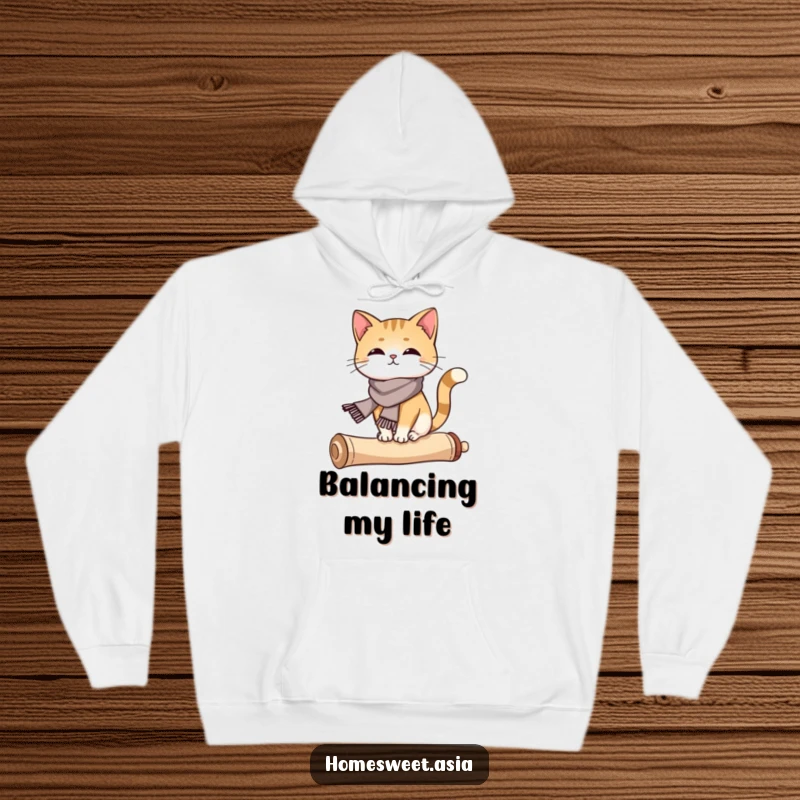 Funny cat wearing a silk scarf, balancing on a curled scroll, warm hoodie, comfortable, sophisticated design, funny gift.