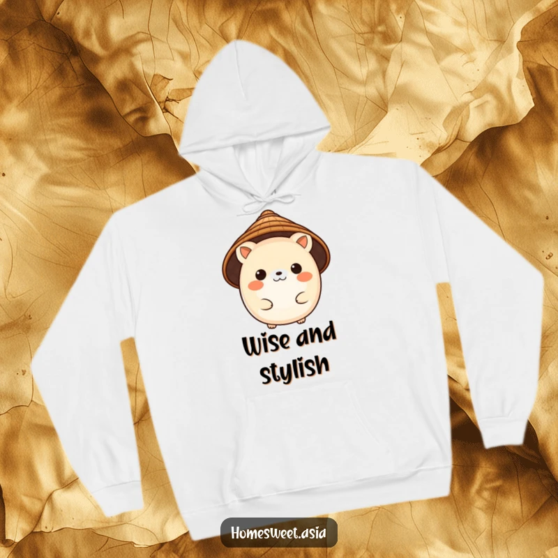 Funny hoodie print of a charming, round animal character wearing a traditional conical hat, offering cozy cultural appeal.