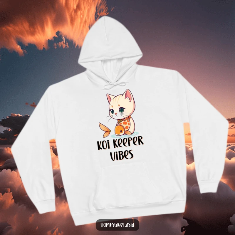 Funny cat wearing a decorative collar, observing a playful koi fish, warm hoodie, comfortable, peaceful design, funny gift.