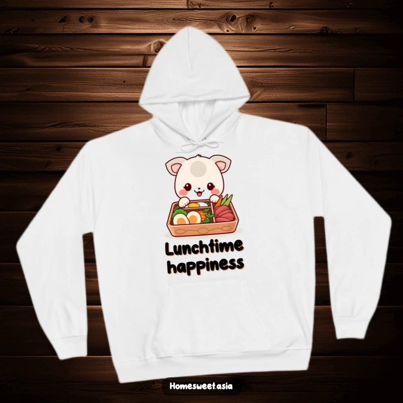 Funny hoodie with a cheerful animal character all set to eat from a vibrant bento box, offering warmth and humor.