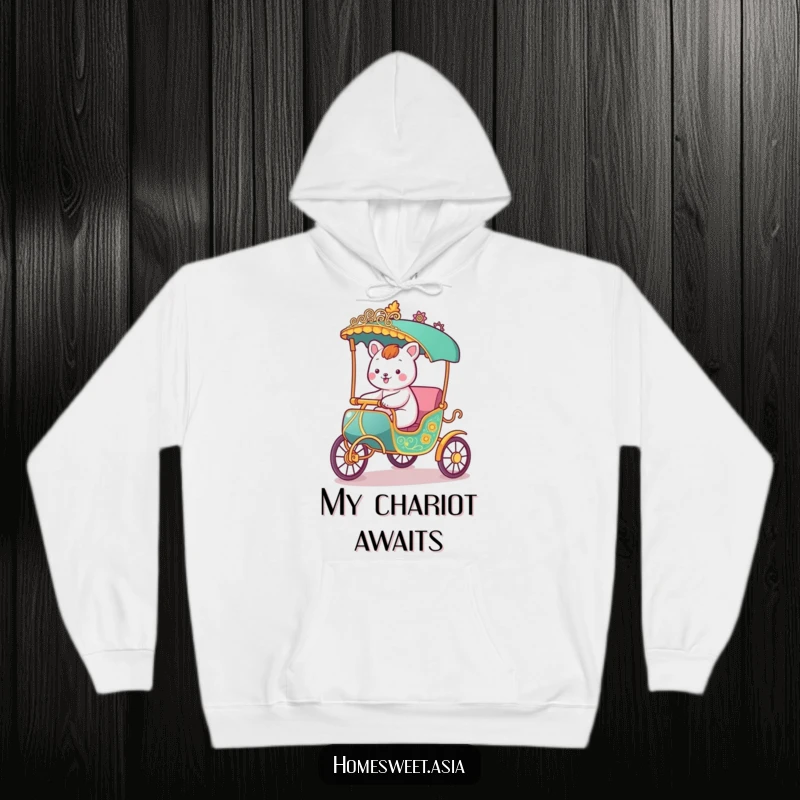 Funny hoodie with a happy animal character cruising in a stylized rickshaw, offering warmth and a sense of adventurous fun.
