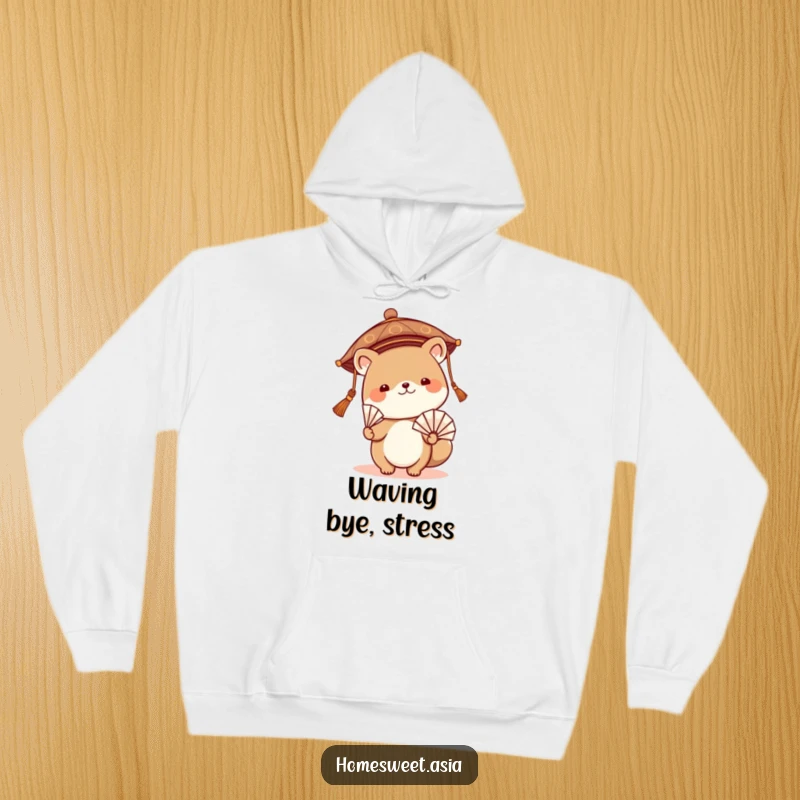 Funny hoodie displaying a cute animal character in a traditional Asian hat, charmingly waving a fan, perfect for cozy, humorous wear.