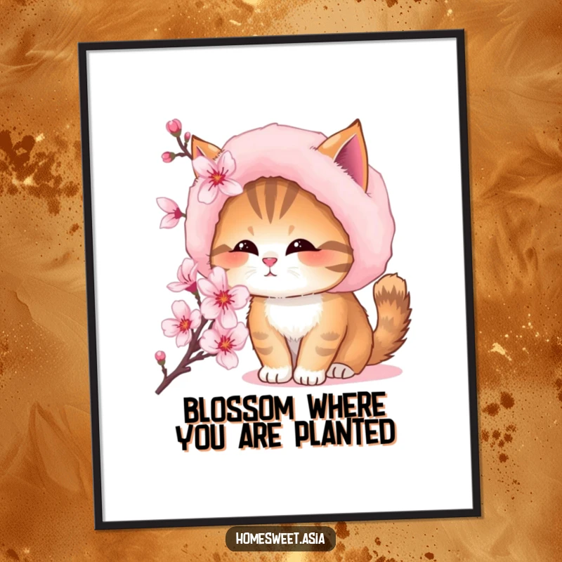 Funny Free Printable Wall Art: A cat in a plush hat curiously smelling a cherry blossom, whimsical downloadable art.