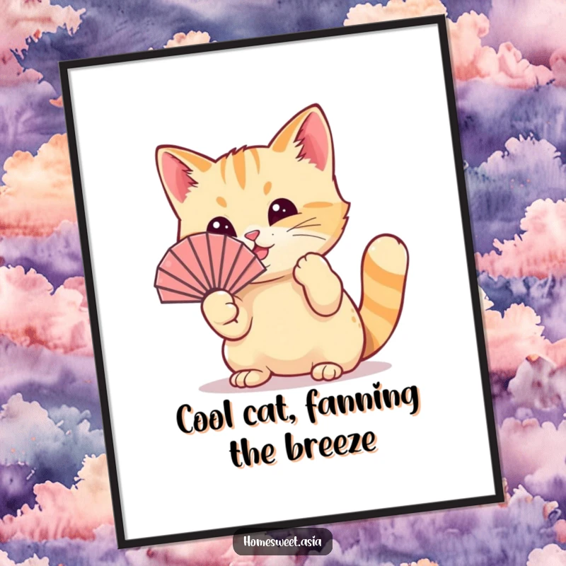 Funny Free Printable Wall Art: A cat wearing a tiny fan playfully waves it with its paw.