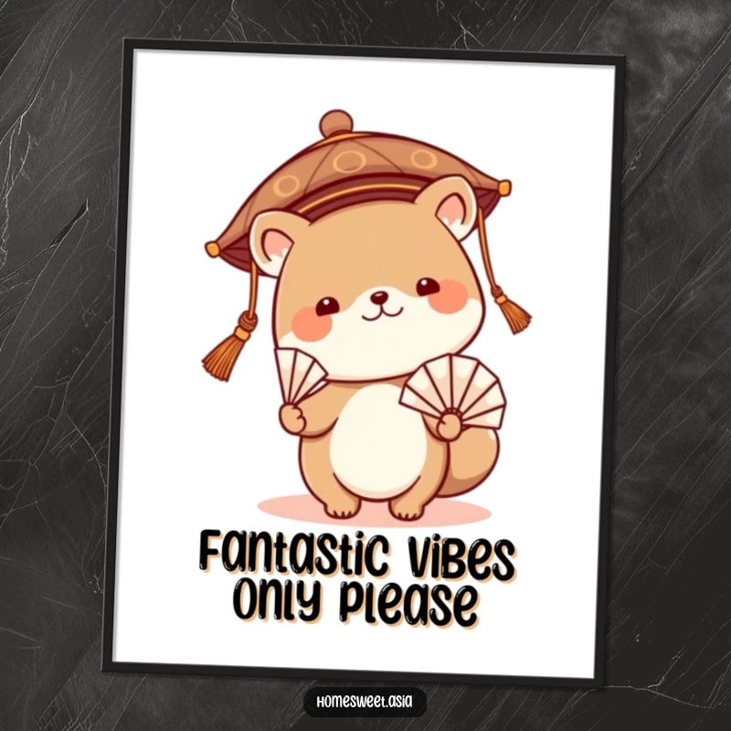 Funny Free Printable Wall Art featuring a cute animal in an Asian hat, humorously waving a fan.