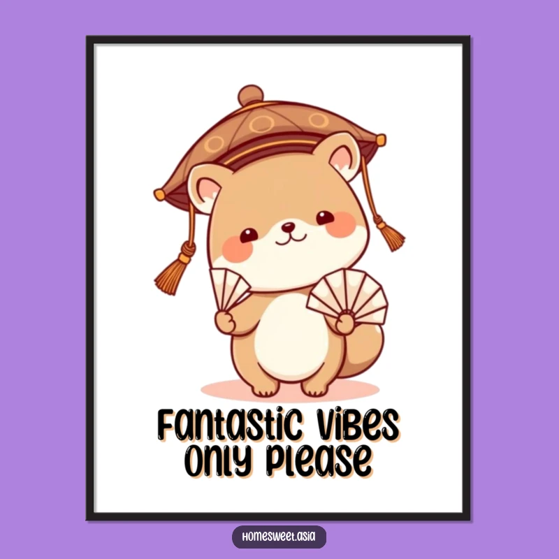 Funny Free Printable Wall Art: Cute Asian Hat Animal Fan Waving Downloadable Decor