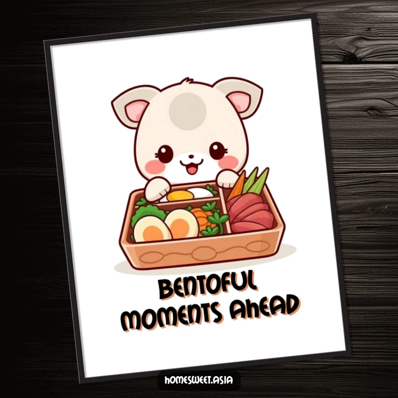 Funny Free Printable Wall Art: a cheerful animal about to dive into a beautifully arranged bento box.